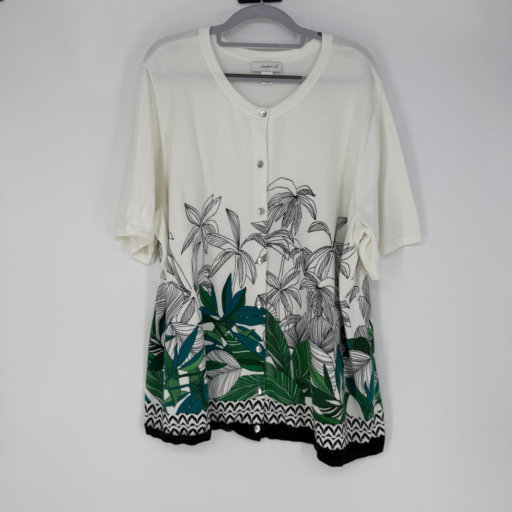 CJ Banks Cardigan Womens 3X White Green Tropical Palm Leaf Button Front Summer